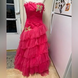 vintage 90s flirt maggie sottero beaded ruffle strapless  prom gown hot pink